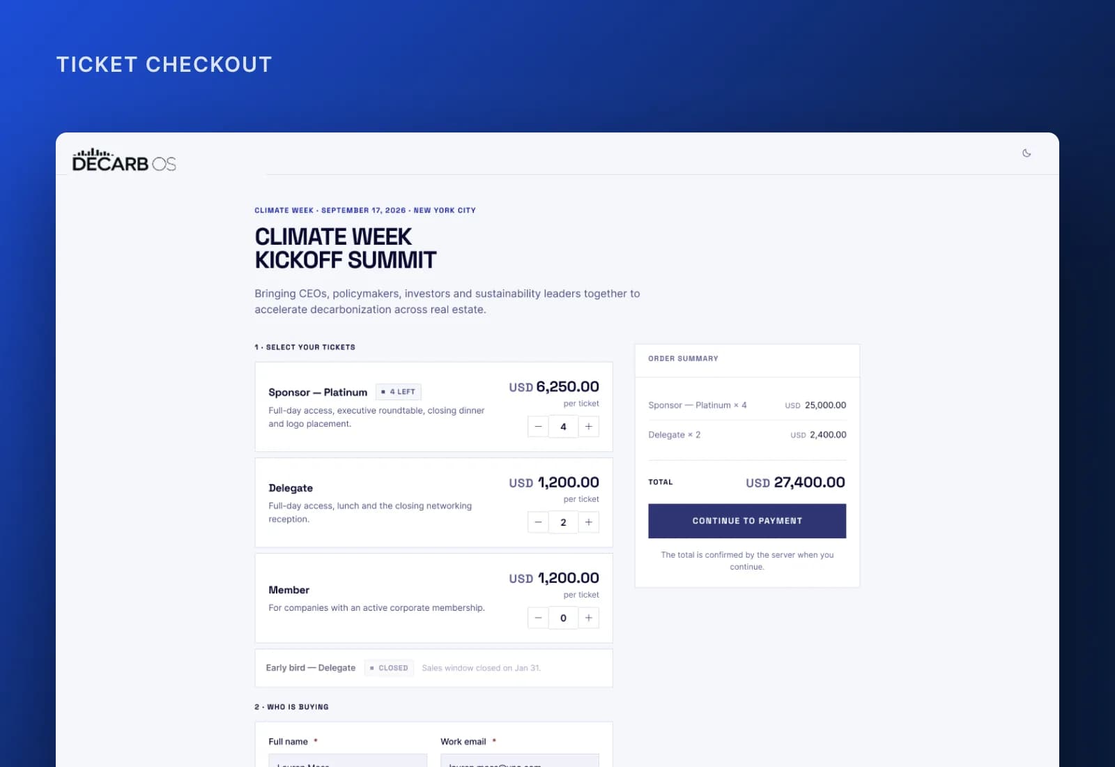 Ticket shop with types, prices and quantities