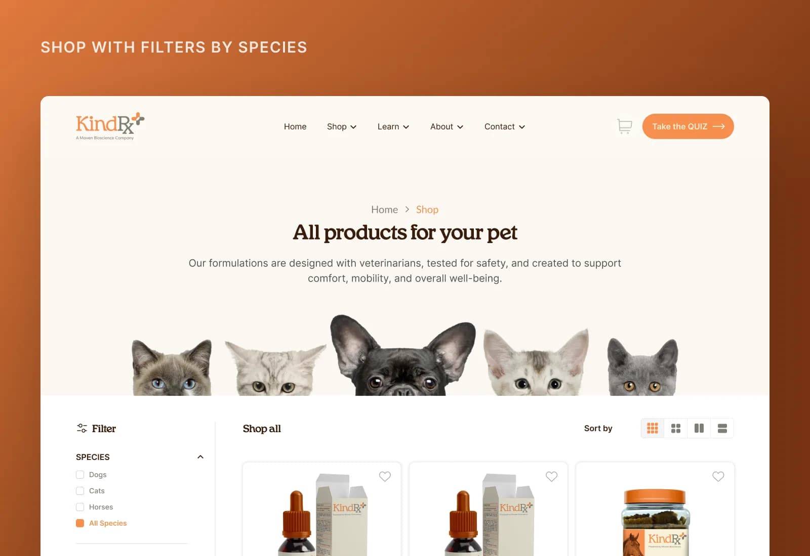 Product catalogue with species and support-type filters