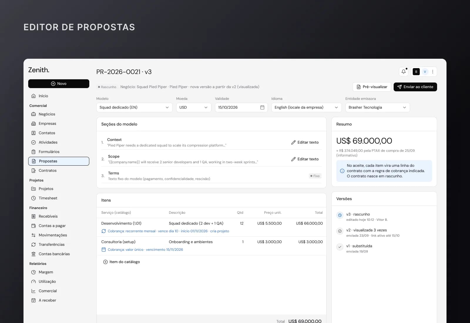 Proposal editor, with versions and public acceptance link